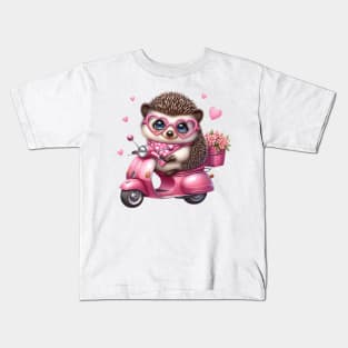 Valentine Hedgehog In Pink Scooter Kids T-Shirt